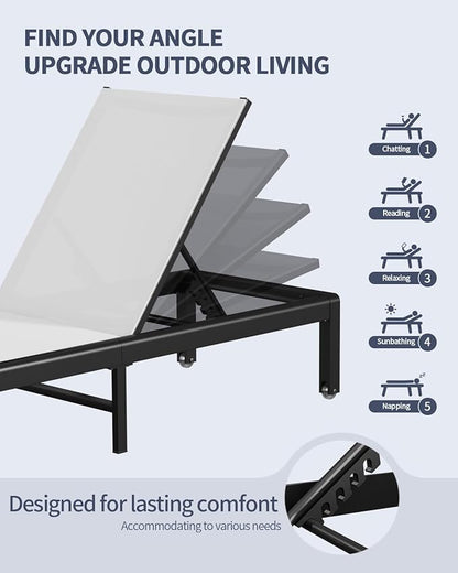 Aluminum Lounge Chairs Outdoor Chaise Furniture,2 Sets Patio Metal Deck Lounger Adjustable 5-Position Poolside Chase Recliner with Wheels for Beach,Coffee Table, (White, 1 Chair)