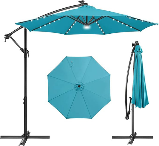 Solar Offset Patio Umbrella - 10 ft Solar Cantilever Umbrella Outdoor with 40 LED Lights and Cross Base, UV Protection for Garden, Deck, Backyard, Pool, Porch (Aqua Blue)