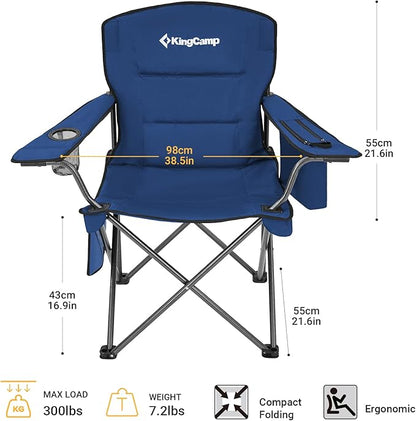 KingCamp Oversized Heavy Duty Camping Chairs 2 Pack, Padded Compact Folding Portable Chair with Cooler Cup Holder Side Pocket for Outdoor Sports Lawn Backyard Backpack Supports 300 lbs, Blue