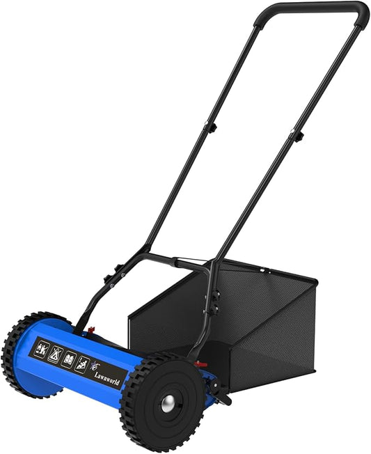 18-Inch Reel Lawn Mower with Grass Catcher and Tool-Free Blade Adjustment, 5-Blade Manual Push Lawn Mower, 5-Position Height Adjustable