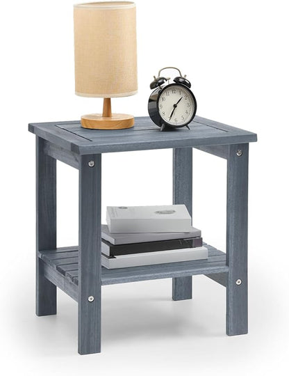 THYOI Premium Acacia Wood Outdoor Side Table, Adirondack Square Patio End Table with 2-Tier Storage Shelf, Weather-Resistant Small Table for Porch, Garden, Backyard, Poolside (Grey)
