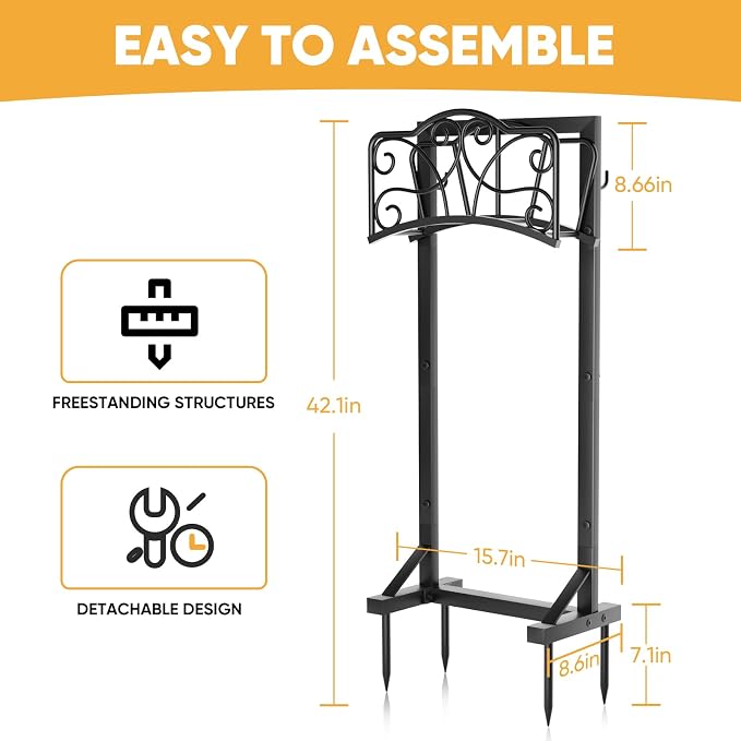 Heavy-Duty Garden Hose Holder with Tool Hooks and Stable Base, Metal Hose Hanger Garden Hose Storage Holds 160Ft, Rustproof Freestanding Water Hose Holder for Outside, Yard, Lawn, Farm
