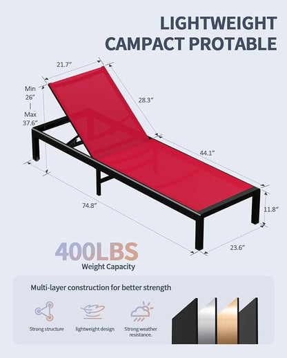 Aluminum Lounge Chairs Outdoor Chaise Furniture,2 Sets Patio Metal Deck Lounger Adjustable 5-Position Poolside Chase Recliner with Wheels for Beach,Coffee Table, (Red, 2 Chair＋Table)