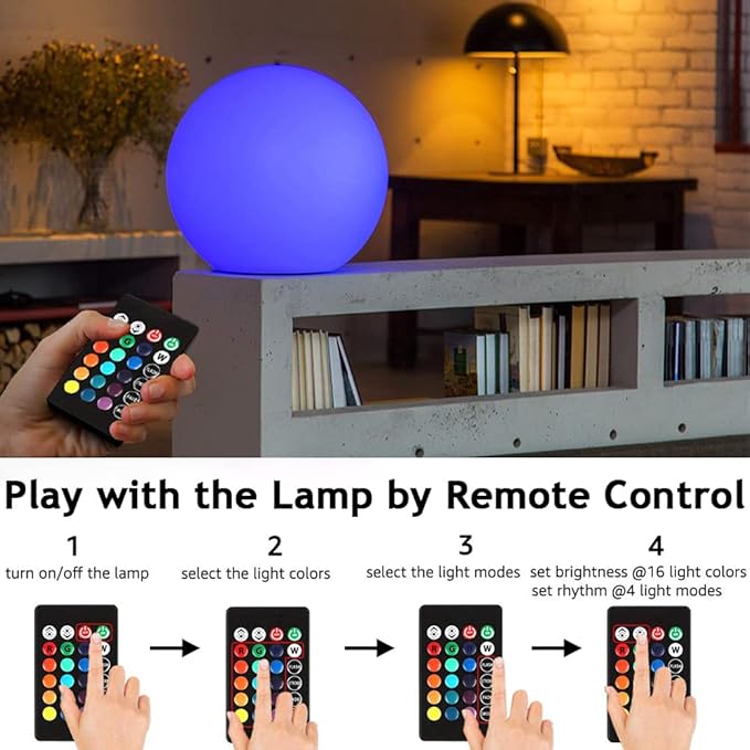 6-in LED Globe Orb Light for Kid, 16 RGB Colors Changing Orb Night Light w/Remote (1PC) and 16-in Cordless LED Glowing Ball Light, Waterproof Indoor/Outdoor LED Globe Orb Light w/Remote (1PC)