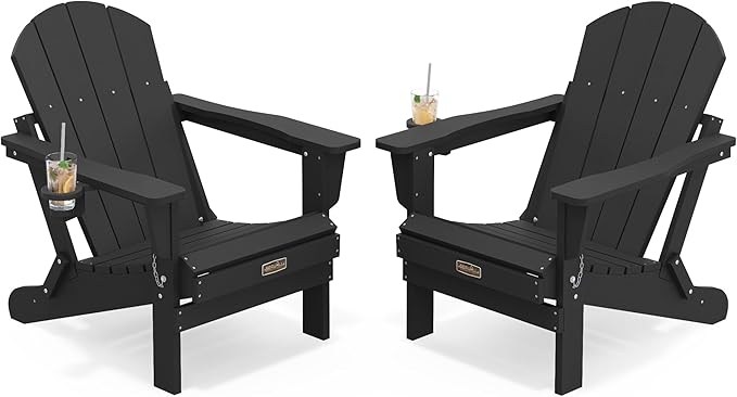 SERWALL Folding Adirondack Chair Set of 2, All Weather Adirondack Chairs with Cup Holder for Patio Garden Outdoors Fire Pit - Black