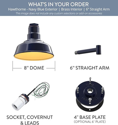 Steel Lighting Co. | Dusk to Dawn | Hawthorne Barn Light | Outdoor Wall Mounted | 8 in Dome | 6 in Straight Arm| Small Farmhouse Light Made in America | Navy Blue/Brass