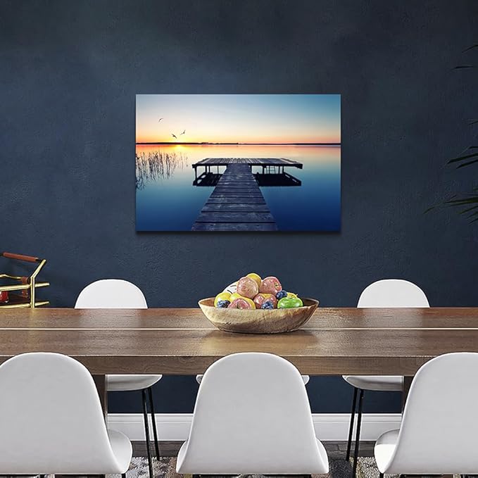Hardy Gallery lake wall art pier picture: scenic nature canvas wall art lake scene artwork dock scenery wall decor painting - sunset landscape prints for bedroom house 36"x24"