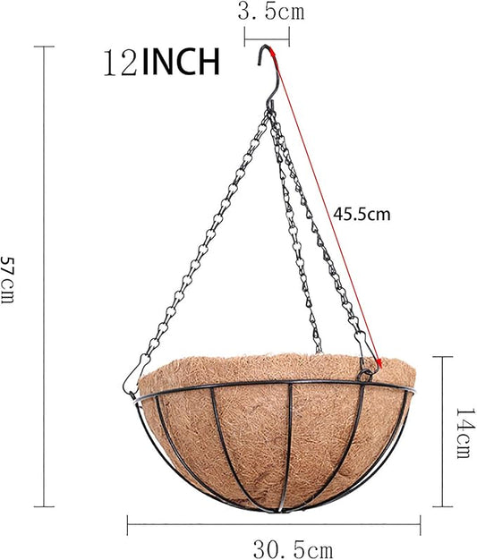 12 inch Metal Hanging Baskets For Plants Outdoor 4 Pack Round Metal Wire Hanging Basket Planter with Coco Fiber Liners Chain Round Wire Plant Holder for Garden, Patio, Deck, Porch Plants Flower Potss