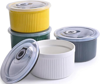 14 oz Ceramic Ramekins with Lids, Set of 4 Oven Safe Porcelain Creme Brulee Ramekins for Baking, Souffle, Pudding, Dessert, Dip, Leftovers & Food Storage, (Multi-color)