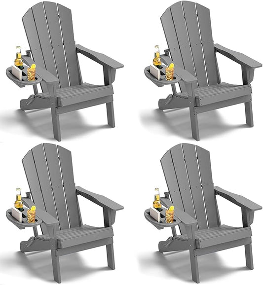 Adirondack Chair Set of 4, HDPE Folding Adirondack Chair with Multifunctional Cup Holder, Weather Resistant Fire Pit Chair for porches, patios, poolsides, Decks.