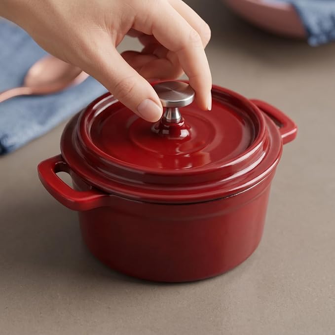 Flavehc Mini Cocotte 16 oz Mini Dutch Oven 0.5 qt. Cast Iron Garlic Roaster for Oven Garlic Confit Pot Ramekins with Lids Oven Safe Set of 2, Red