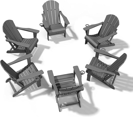 MUCHENGHY Folding Adirondack Chairs HDPE Weather Resistant 6 Pack, Patio Firepit Chairs, Sturdy Outside Chairs, Lawn Chairs, 15min Assembly 380lb Grey