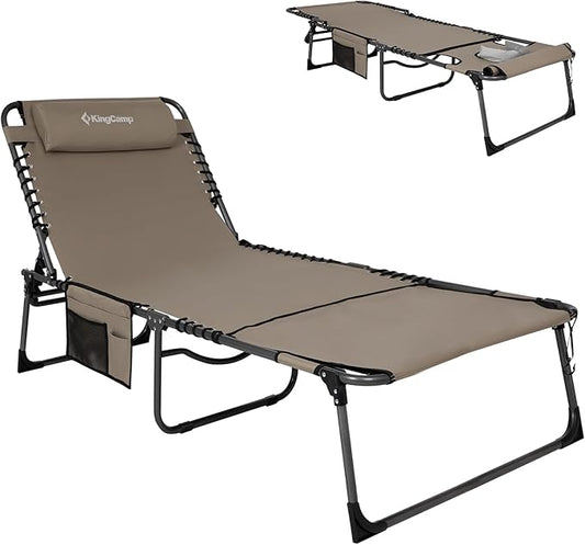 KingCamp Tanning Chair with Face Hole, Lounge Chairs Outdoor Folding Portable Comfy Adjustable 5-Position Lay Flat Foldable Chaise Chaser Lounger for Outside Beach Patio Sun Bathing Pool, Beige