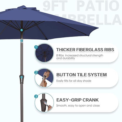 PatioKingdom 9FT Patio Outdoor Umbrella-UPF 50+ Sun Shade with Wind Vent, Push-Button Tilt & Smooth Crank Lift, Rust-Resistant Fiberglass Frame for Garden, Backyard,Yard (Navy, 9FT)