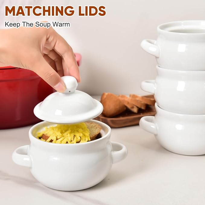 Vumdua French Onion Soup Bowls with Handles and Lids, 16 oz Ceramic Soup Crocks Oven Safe for Chilli, Cereal, Pot Pies, Microwave & Dishwasher Safe, Set of 4, White