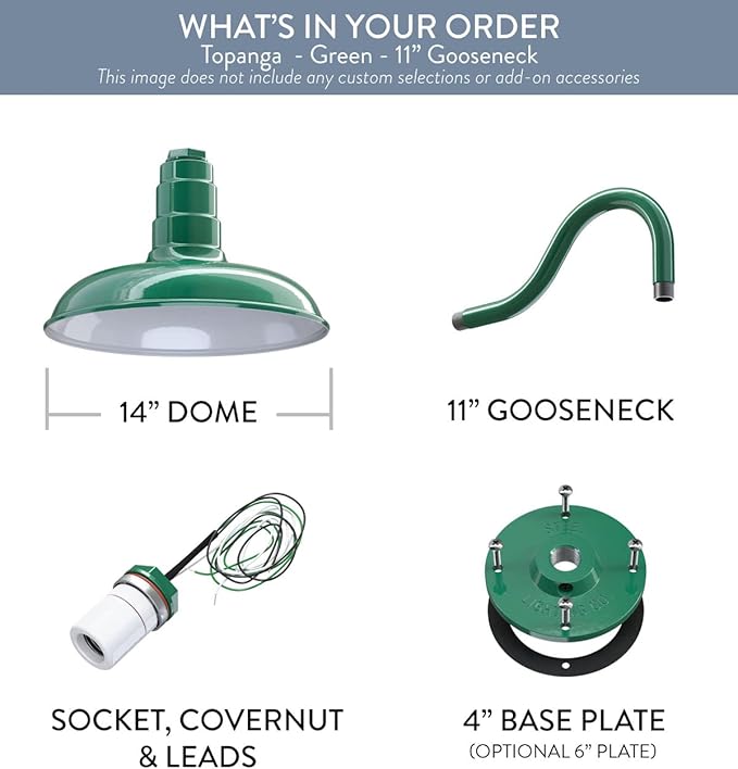 Steel Lighting Co. Topanga Barn Light | Outdoor Wall Mounted | Farmhouse Garage Light Made in America | 14 inch Dome | 11 inch Gooseneck | Green Exterior/White Interior