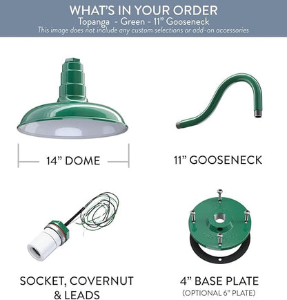 Steel Lighting Co. Topanga Barn Light | Outdoor Wall Mounted | Farmhouse Garage Light Made in America | 14 inch Dome | 11 inch Gooseneck | Green Exterior/White Interior