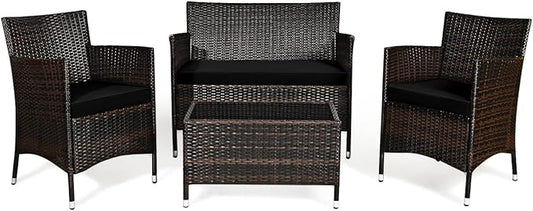 Goplus 4-Piece Rattan Patio Set, Outdoor/Indoor Wicker Conversation Set for Pool, Backyard, Lawn, Wicker Chairs and Sofa with Soft Cushion, Rattan Furniture with Tempered Glass Coffee Table