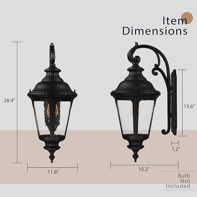 Emliviar Farmhouse Outdoor Light Fixtures Wall Mount 28.4 Inch, Large Outside Lamp for Porch, Outdoor Carriage Light with Seeded Glass, Black Finish, XE265B BK