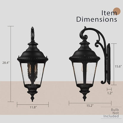 Emliviar Farmhouse Outdoor Light Fixtures Wall Mount 28.4 Inch, Large Outside Lamp for Porch, Outdoor Carriage Light with Seeded Glass, Black Finish, XE265B BK