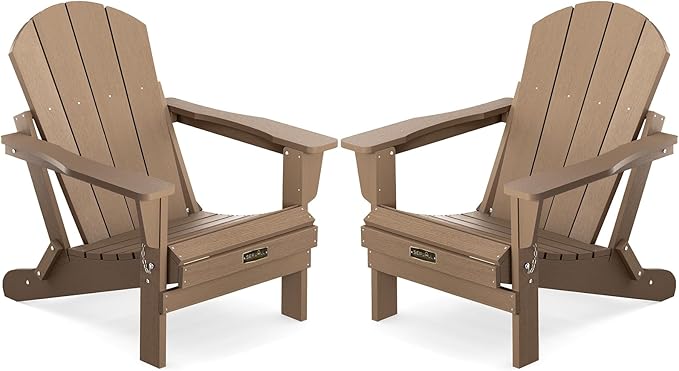 SERWALL Folding Adirondack Chair Set of 2 Outdoor Chairs Painted Adirondack Chair Weather Resistant for Patio Deck Garden, Backyard Deck, Fire Pit- Brown