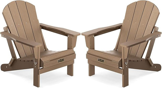 SERWALL Folding Adirondack Chair Set of 2 Outdoor Chairs Painted Adirondack Chair Weather Resistant for Patio Deck Garden, Backyard Deck, Fire Pit- Brown
