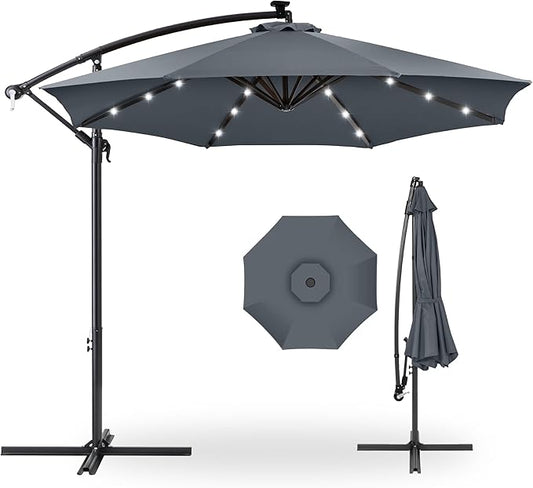 Best Choice Products 10ft Solar LED Offset Hanging Market Patio Umbrella for Backyard, Poolside, Lawn and Garden w/Easy Tilt Adjustment, Polyester Shade, 8 Ribs - Slate
