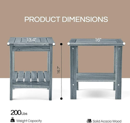 THYOI Premium Acacia Wood Outdoor Side Table, Adirondack Square Patio End Table with 2-Tier Storage Shelf, Weather-Resistant Small Table for Porch, Garden, Backyard, Poolside (Grey)