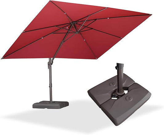 PURPLE LEAF 9' X 11.5' Rectangle Cantilever Umbrella with Base Patio Umbrella Outdoor Aluminum Offset Hanging Umbrella with 360-degree Rotation for Pool Garden Backyard Deck, Terra