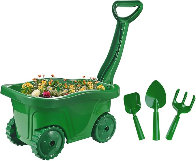 Duckura Kids Wheelbarrow Set - Gardening Tools for Kids with Shovel, Rake, Trowel, Outdoor Yard Lawn Digging Weed Toys, Easter Birthday Gifts for Boys Girls Age 2 3+Years Old(Green A)