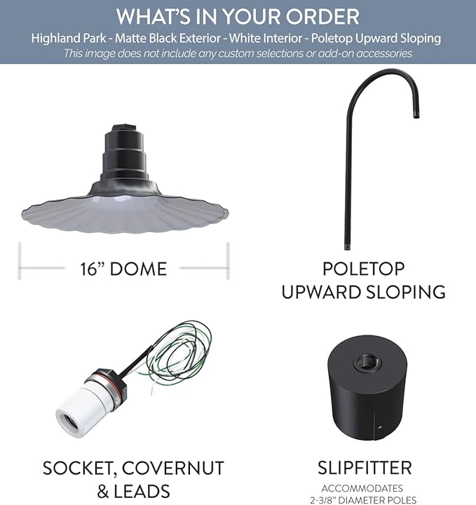 Steel Lighting Co. Highland Park Light | Pole Top Mounted | 16" Radial Wave | Upslope Gooseneck with Slip Fitter for 2-3/8" Standard Poles | Made in America | Matte Black Exterior/White Interior