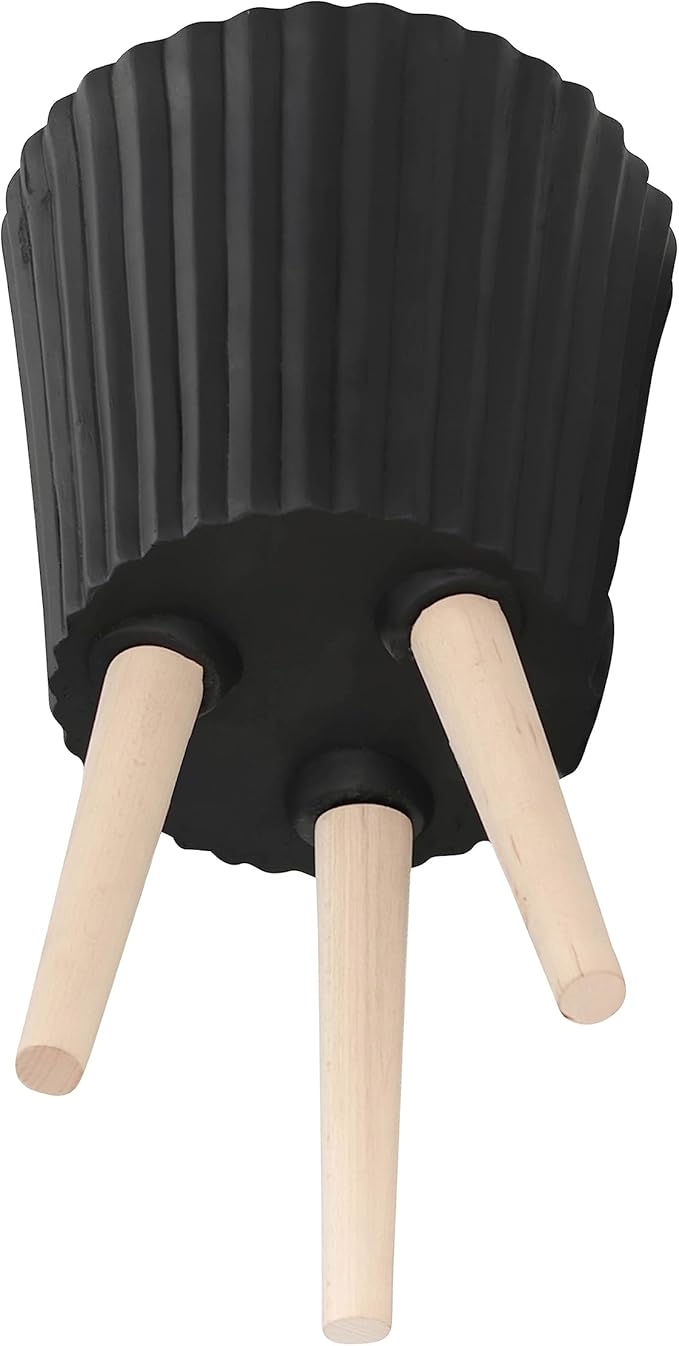 Sagebrook Home Set of 2 Planters with Stands - Modern Resin & Magnesia Pots with Wood Legs - Decorative Indoor & Outdoor Plant Containers for Home & Garden - 12" & 10", Black