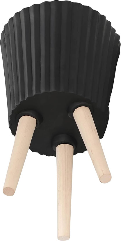 Sagebrook Home Set of 2 Planters with Stands - Modern Resin & Magnesia Pots with Wood Legs - Decorative Indoor & Outdoor Plant Containers for Home & Garden - 12" & 10", Black
