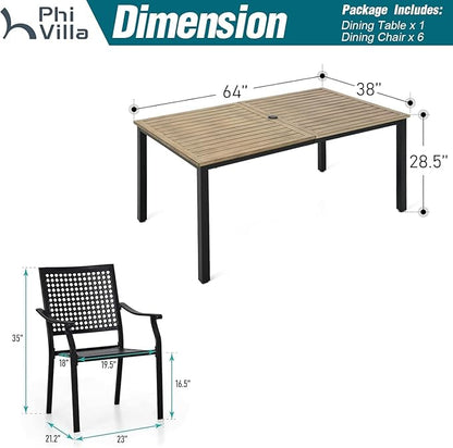 PHI VILLA 7 Pieces Outdoor Set for 6, 65” Wood-Like Metal Steel Dining Table & Stackable Iron Chairs with Cushions, Large Modern Furniture Set for Patio, Deck, Yard, Porch