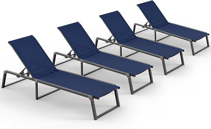 Aluminum Outdoor Chaise Lounge Chair Outdoor, Foldable & No Assembly Patio Pool Lounge Chairs 5-Position Recliner for Outside, Fully Grounded Legs Sun Lounger for Poolside, 4 Packs, Navy Blue