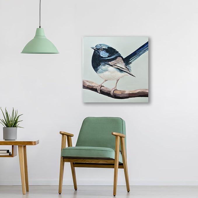 JolyWell Hand-Painted Bathroom bird wall artt, Sparrow canvas Wall Picture,3D Effect Nature Poster painting Bluebird Artwork on Canvas for Kids Room Living Room Bedroom or Gift 16x16 in