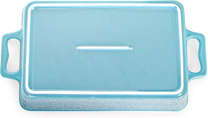 Hacaroa Set of 3 Ceramic Baking Dishes, Rectangular Bakeware with Handles, Elegant Casserole Dish Set Lasagna Pan for Baking, Cooking, Cake Dinner, Banquet, Lake Blue, 3 Sizes