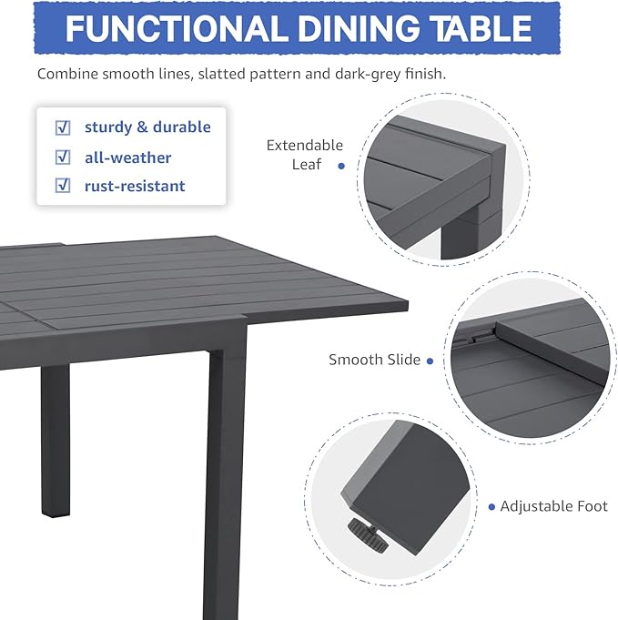 Soleil Jardin 7-Piece Outdoor Patio Dining Set, 35" - 71" Aluminum Expandable Outdoor Dining Table Set for 6, 6 Stackable Chairs with Gray Removable Cushions, Dark-Grey
