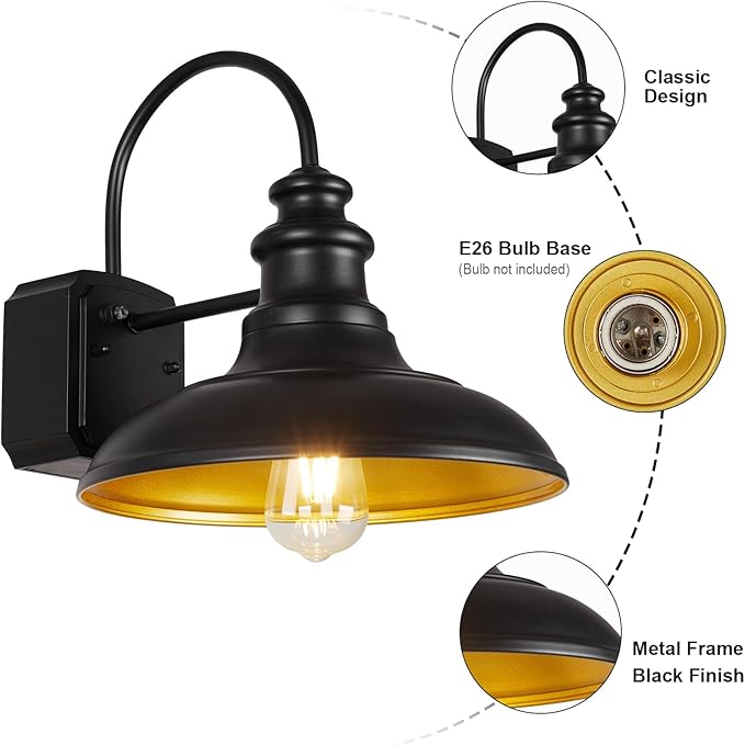 Dusk to Dawn Sensor Outdoor Barn Lights with GFCI Outlet, Farmhouse Outdoor Wall Sconces, Rustic Exterior Lighting Fixture, Industrial Wall Lantern for Porch Garage Patio,STRZ034-2W BK