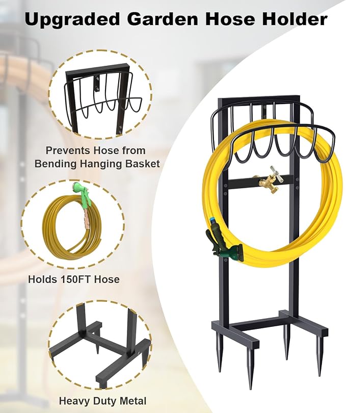Artigarden Outdoor Garden Hose Holder Freestanding with Brass Faucet And 4 Spikes, Heavy Duty Metal Water Hose Reel Stand Hanger Rack Organizer Holds Storage 150ft Hose for Outside Yard Lawn, Black