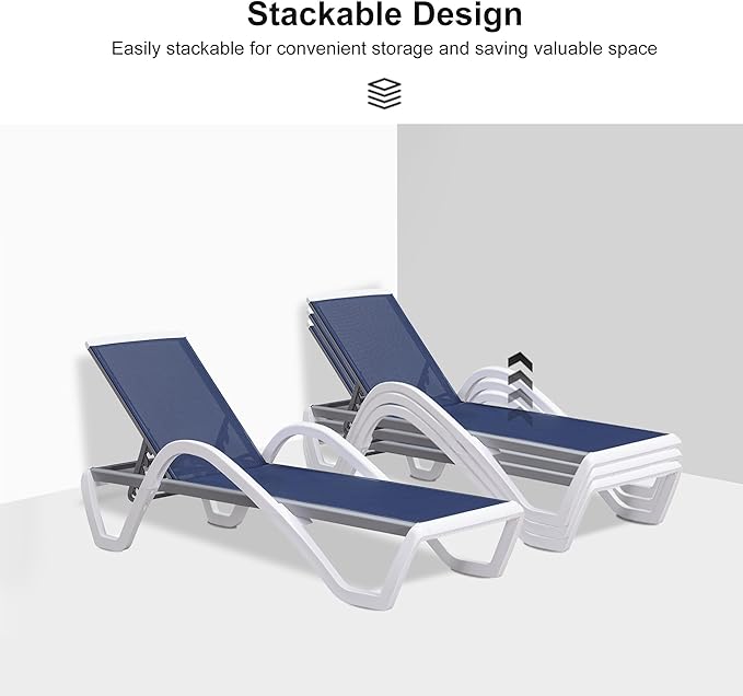 PURPLE LEAF Patio Chaise Lounge Chair Set Outdoor Plastic Textilene Lounger with Side Table 6 Adjustable Positions Sun Bathing Tanning Recliner for Pool Outside Beach in-Pool Lawn Poolside, Blue