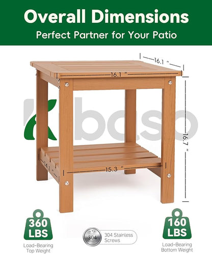 Kibaso-Adirondack Outdoor Side Table, 2-Tier HDPE Outdoor End Table, Weather Resistant Easy Maintenance, Small Patio Side Table for Patio, Pool, Porch, Garden, Lawn, and Living Room (1, Rustic Teak)