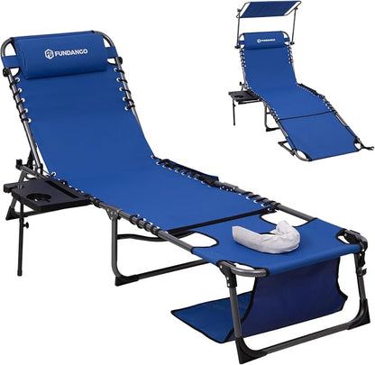 FUNDANGO 400lbs Heavy Duty Tanning Chair with Face Hole & Canopy, Blue | Face Hole & Canopy, 400lbs Capacity, Side Table, 5-Position Sun Lounger, Anti-Pinch Safety Lock