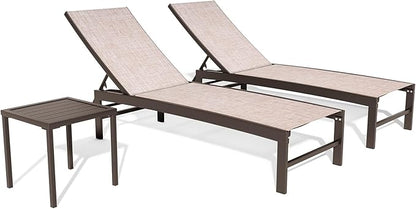 Crestlive Products 2PCS Chaise Lounge Chairs Outdoor with 1PC Side Table, Aluminum Patio Lounge Set, Adjustable Five-Position Recliner for Beach, Pool, Sunbathing, Lawn, Yard