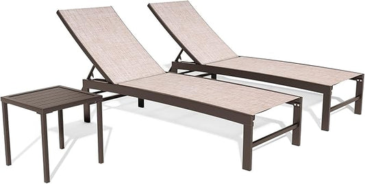 Crestlive Products 2PCS Chaise Lounge Chairs Outdoor with 1PC Side Table, Aluminum Patio Lounge Set, Adjustable Five-Position Recliner for Beach, Pool, Sunbathing, Lawn, Yard