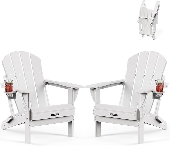 MUCHENGHY Folding Adirondack Chairs 2 Pack, Patio & Lawn Chairs, Outdoor & Backyard Chairs, Weather Resistant with Cup Holder, White