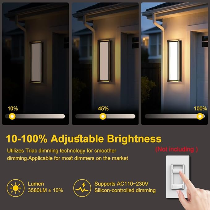 2Packs LED Outdoor Wall Lights,Dimmable Exterior Wall Sconce 16",3000K / 4000K / 6000K,IP65 Waterproof,Modern Black Outside Light for Porch,Garage,Entrance,Hallway,Patio,Garden,House(2Packs)