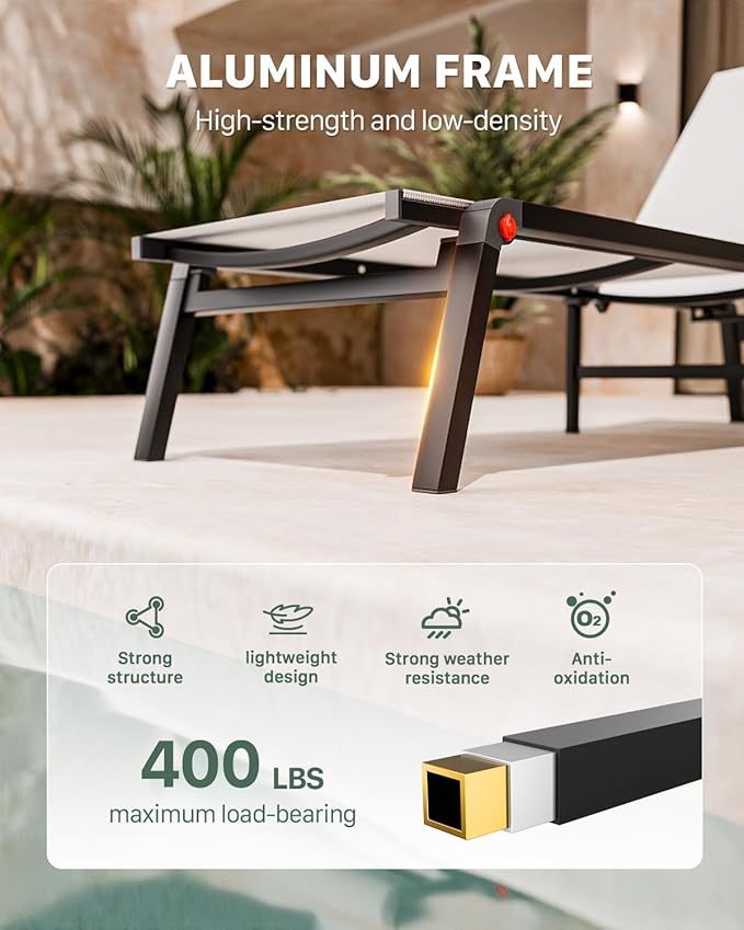 Aluminum Chaise Foldable Patio Lounge Chair Outdoor, Metal Deck Lounger Adjustable 5-Position Recliner Pool Chase Breathable Full Flat Outside Sun Tanning Chairs for Beach/Poolside/Lawn(White, 2Pack)
