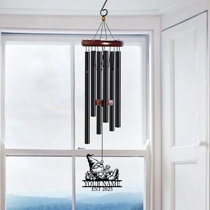 Personalized Customize Name Gnome Wind Chime, Metal Iron 37 Inch Outdoor Memorial Gift for Garden Yard Patio Home Decor, Black，Christmas (Style B)