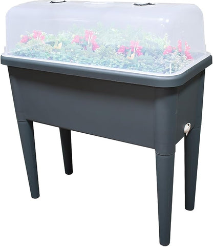 FENCETECH 20.8 Gallon Self Watering Raised Garden Bed with Greenhouse Cover, 30" x 25.6" x 15" Plastic Plant Box with Legs and Drainage Plug, Grey